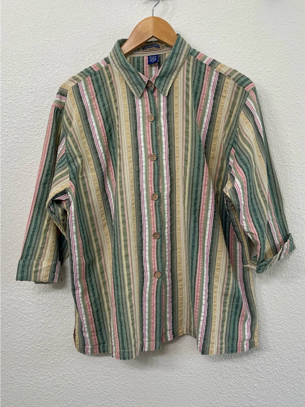 Shaver Lake Relaxed Striped Button-Down Seersucker Shirt - Green/Pink/Tan XL